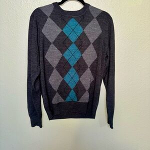 Dockers Men’s Medium Argyle Sweater Gray Blue Crewneck Cotton Blend Classic
